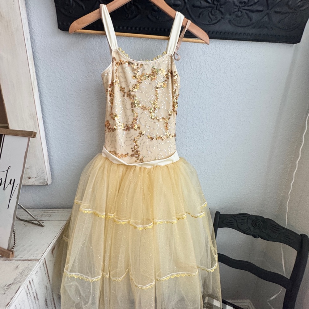 Elegant Gold Dance Dress with Beaded Details.     (F)